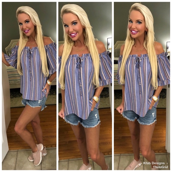 ❤️LAST 1! Off Shoulder Blue/Lavender Striped Top! - Picture 2 of 6